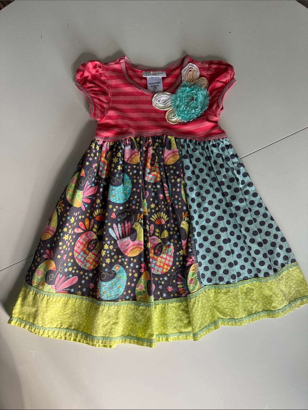 Bonnie Jean Size 4 Pink & Aqua Patchwork Bird Print Dress with Floral Applique